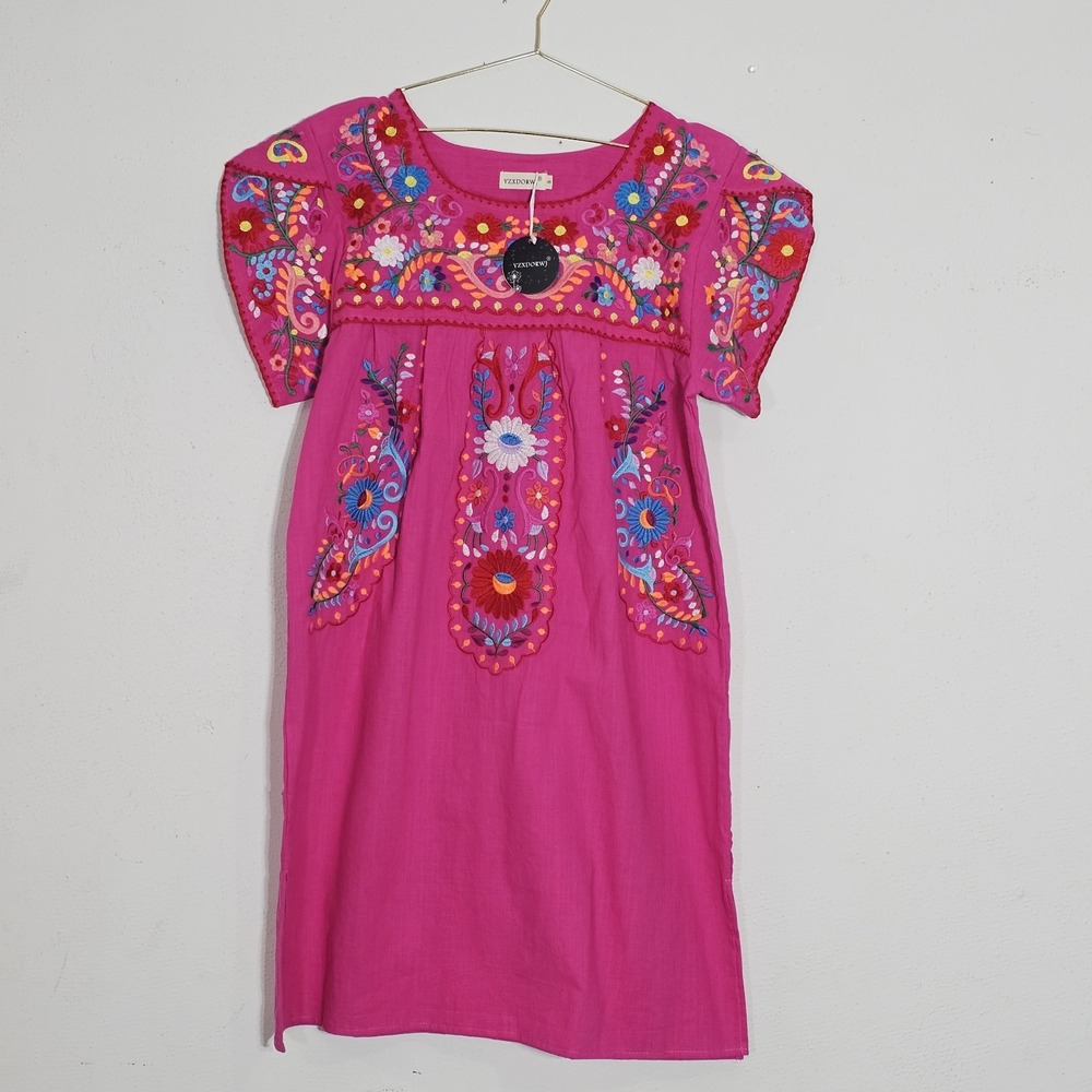 YZXDORWJ Womens embroidered Mini Dress Pink Sz S Festival Boho Peasant Oversize
